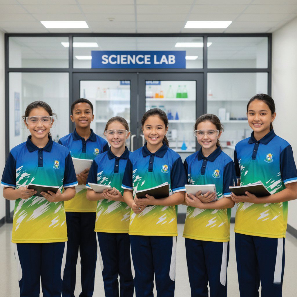 Students in digitally printed sports polos outside a science lab